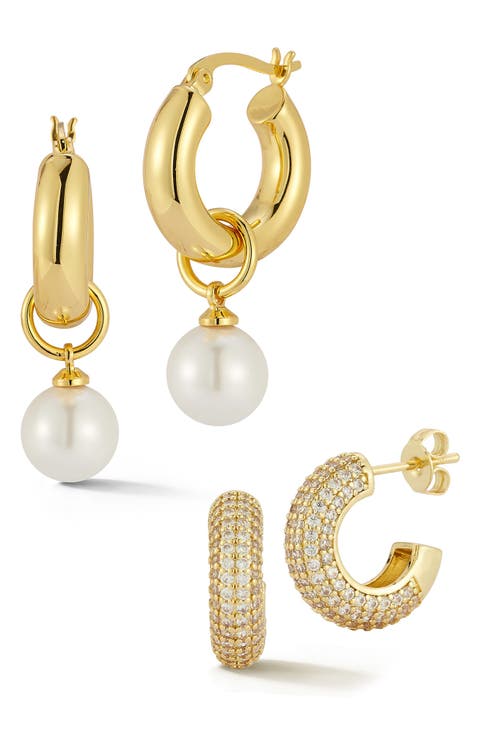Set of 2 Pavé Cubic Zirconia & Faux Pearl Drop Huggie Hoop Earrings