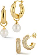 GLAZE JEWELRY Set of 2 Pavé Cubic Zirconia & Faux Pearl Drop Huggie Hoop Earrings