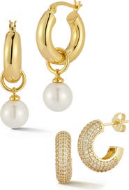 GLAZE JEWELRY Set of 2 Pavé Cubic Zirconia & Faux Pearl Drop Huggie Hoop Earrings