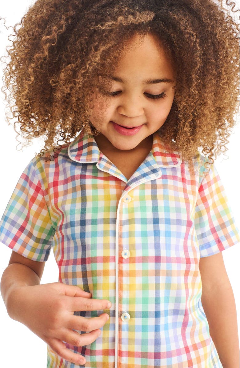 Primary Kids Short Sleeve Pj Top In Rainbow Plaid, Alternate, color, Ivory Rainbow Plaid