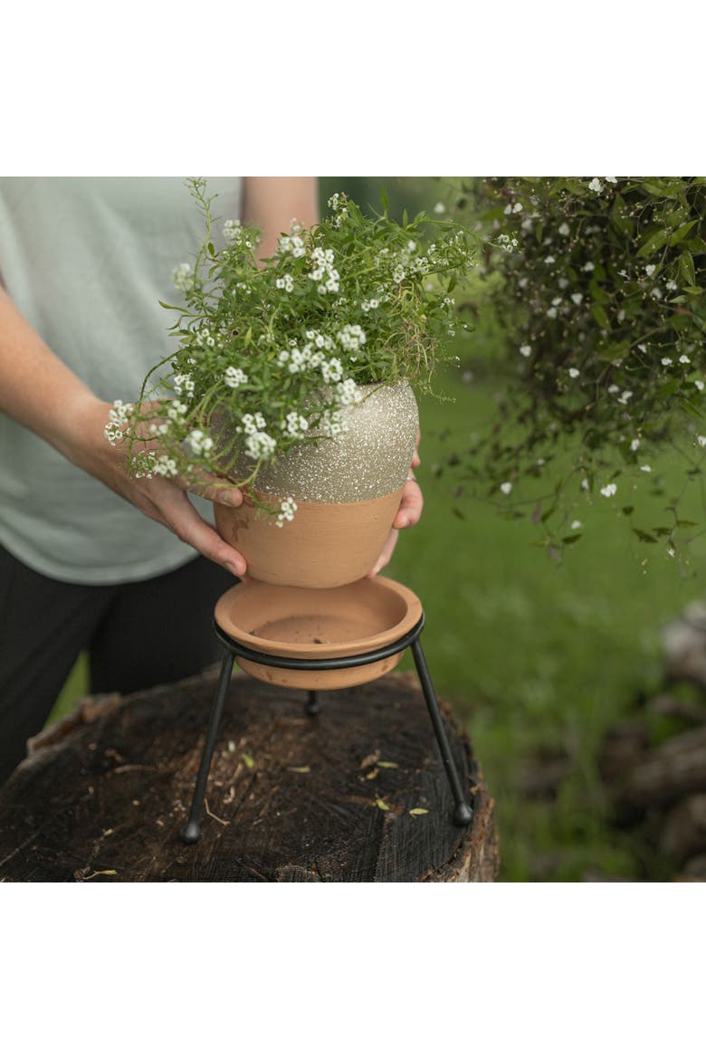 Splatter Planter Saucer & Stand Black Metal & Tan Terracotta, Alternate, color, Beige