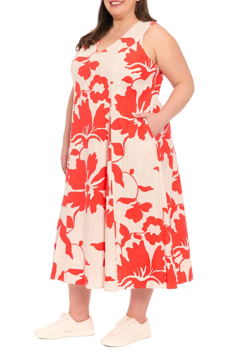 London Times V-Neck Sleeveless Godet A-Line Dress, Alternate, color, Ivory/ Red