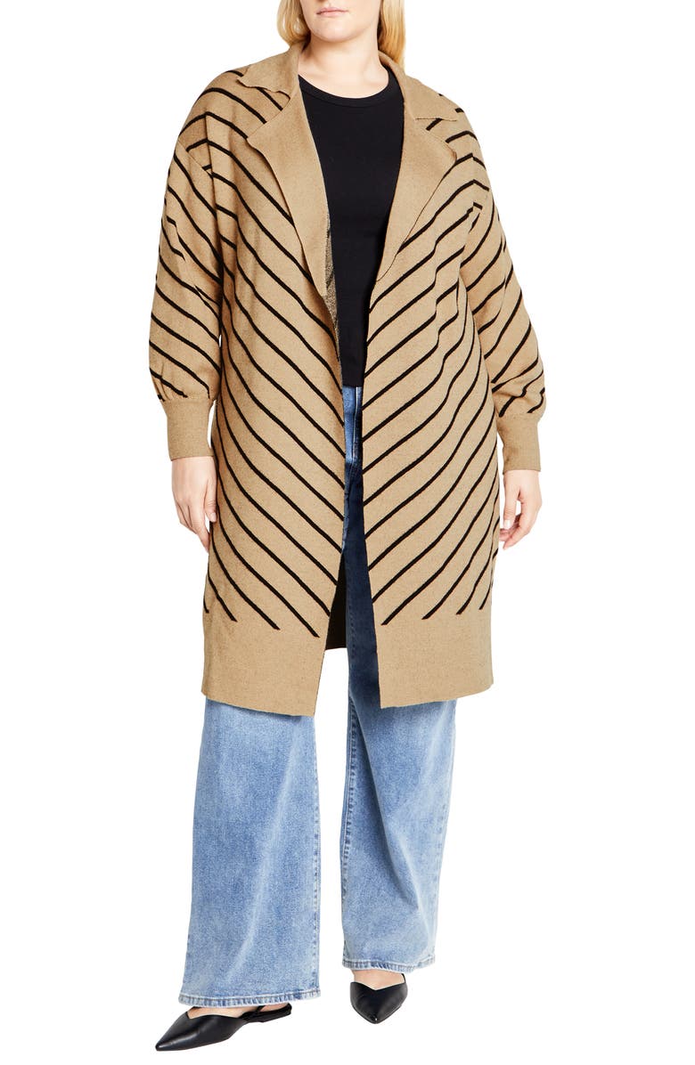 City Chic Ivy Stripe Long Cardigan, Main, color, Nougat Stripe