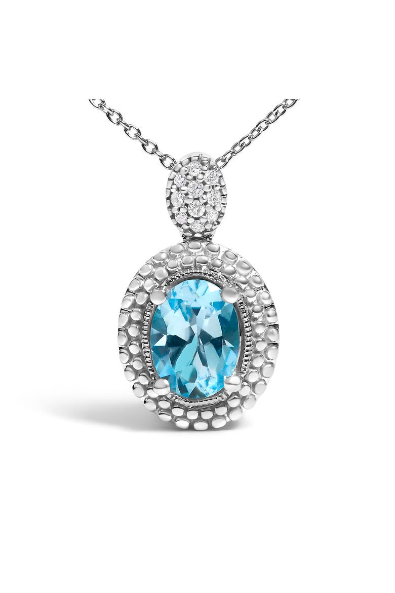 Silver Oval Blue Topaz and Diamond Accent with Beaded Halo Pendant Necklace, Alternate, color, White