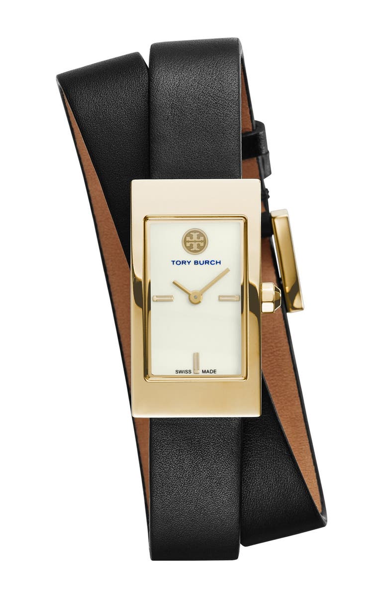 Tory Burch 'Buddy Signature' Rectangular Wrap Leather Strap Watch, 17mm x 31mm, Main, color,