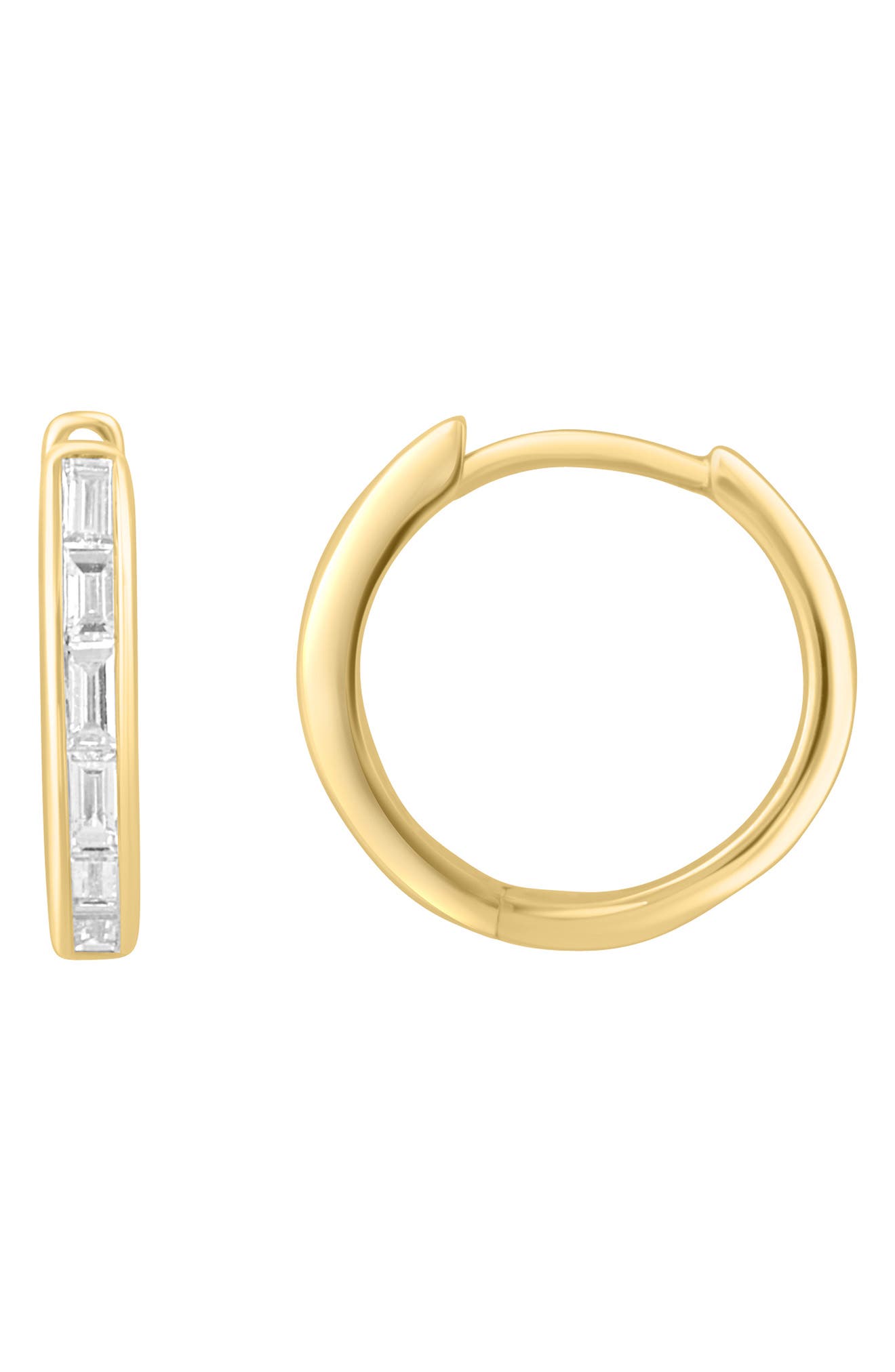 14K Yellow Gold Plated Baguette Diamond Huggie Hoop Earrings