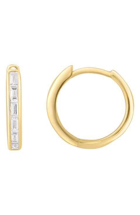 14K Yellow Gold Plated Baguette Diamond Huggie Hoop Earrings
