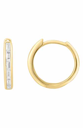 14K Yellow Gold Plated Baguette Diamond Huggie Hoop Earrings