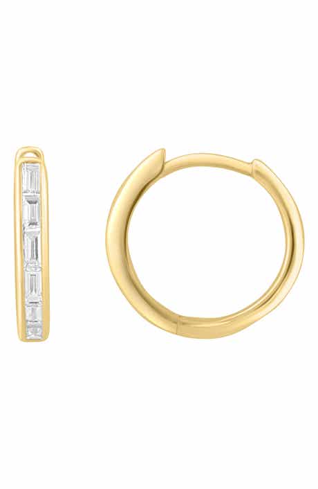 14K Yellow Gold Plated Baguette Diamond Huggie Hoop Earrings