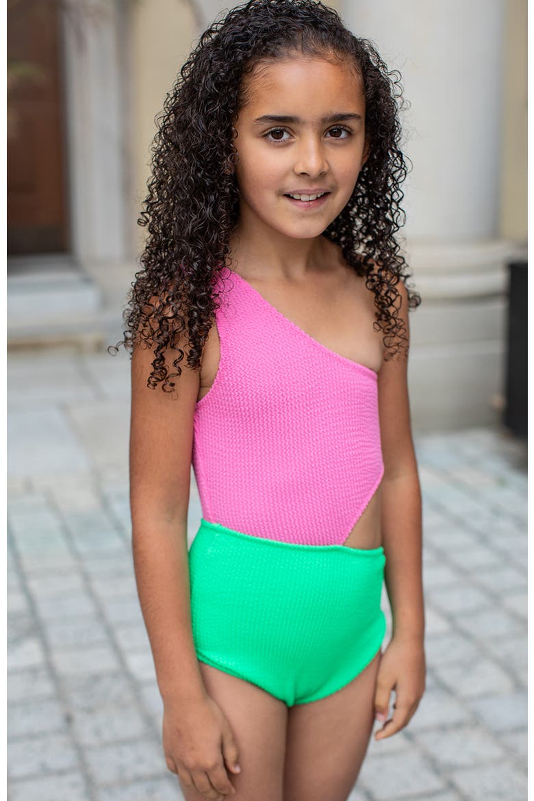 Textured Neon Color-Block One-Shoulder  with Side Cutout One-Piece Swimsuit, Alternate, color, Multicolor