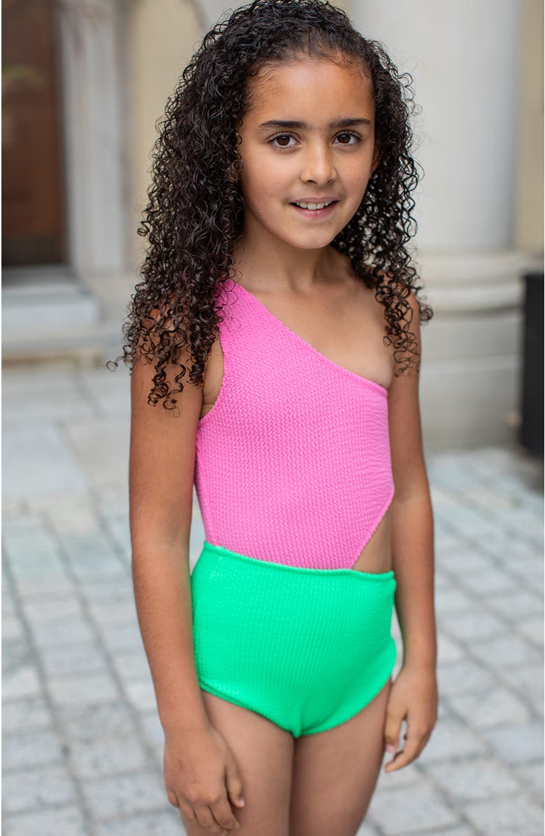 NESSI BYRD Textured Neon Color-Block One-Shoulder  with Side Cutout One-Piece Swimsuit, Alternate, color, Multicolor