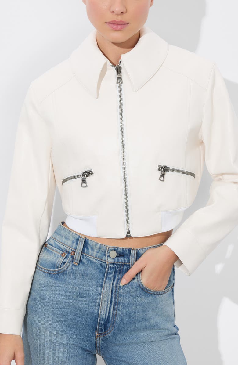 Alice + Olivia Hyde Faux Leather Crop Bomber Jacket, Main, color,