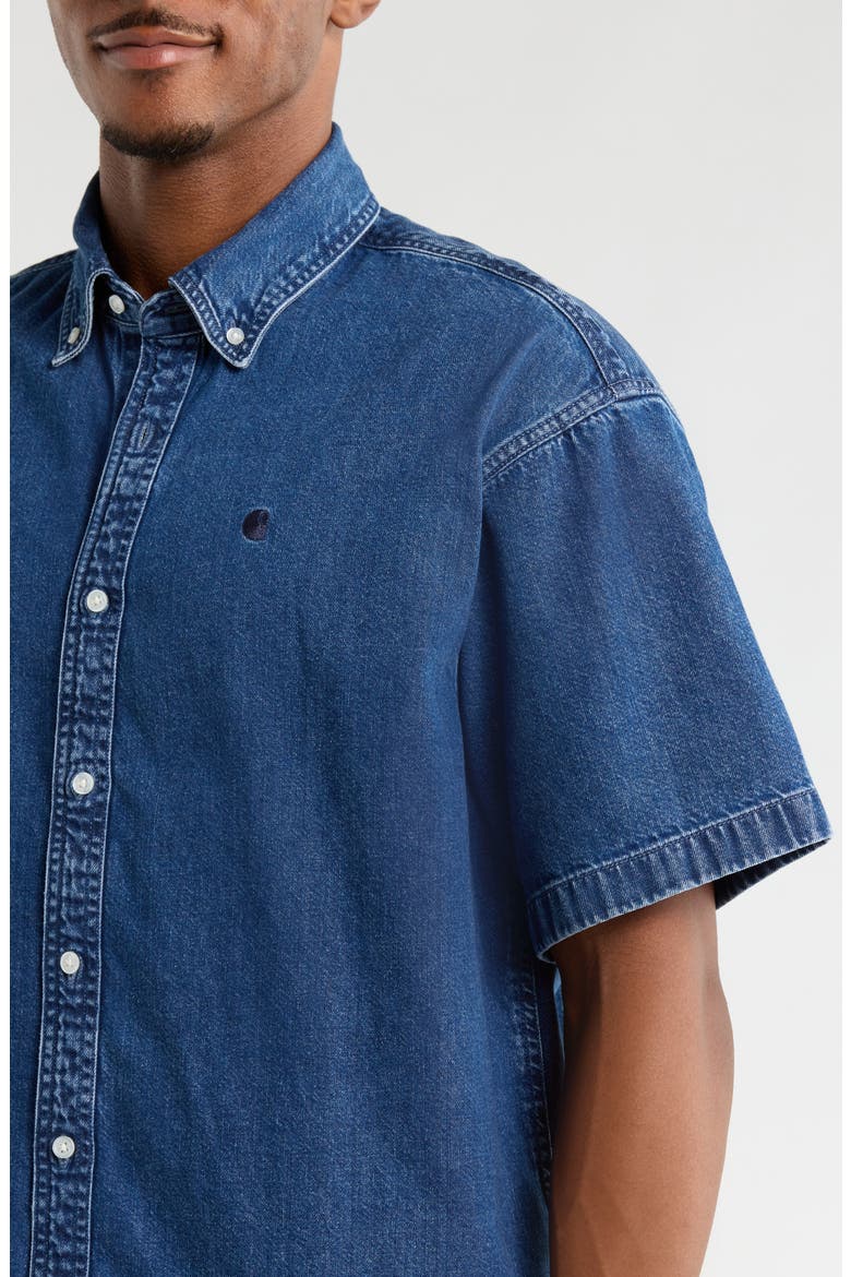 Lucas Short Sleeve Cotton Denim Button-Down Shirt, Alternate, color, STONE