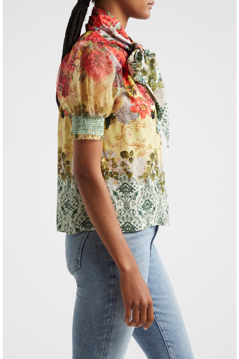 Brentley Floral Tie Neck Puff Sleeve Top, Alternate, color, OAKLEY