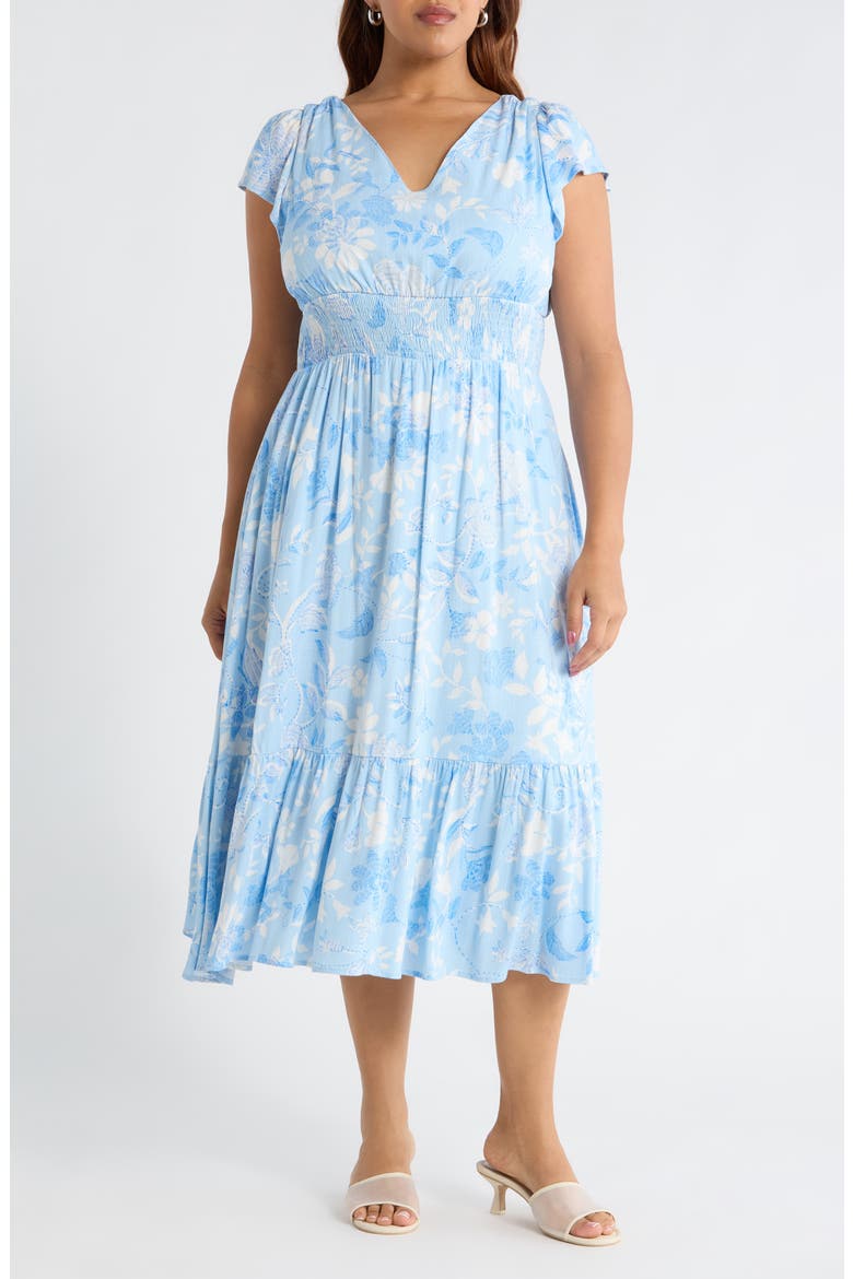 Seraphina Floral Maye Smocked Midi Dress, Main, color, WHITE-BLUE-MULTI