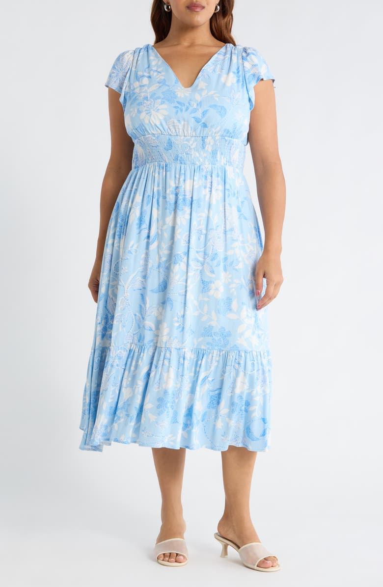 SUGARLIPS Seraphina Floral Maye Smocked Midi Dress, Main, color, White-Blue-Multi