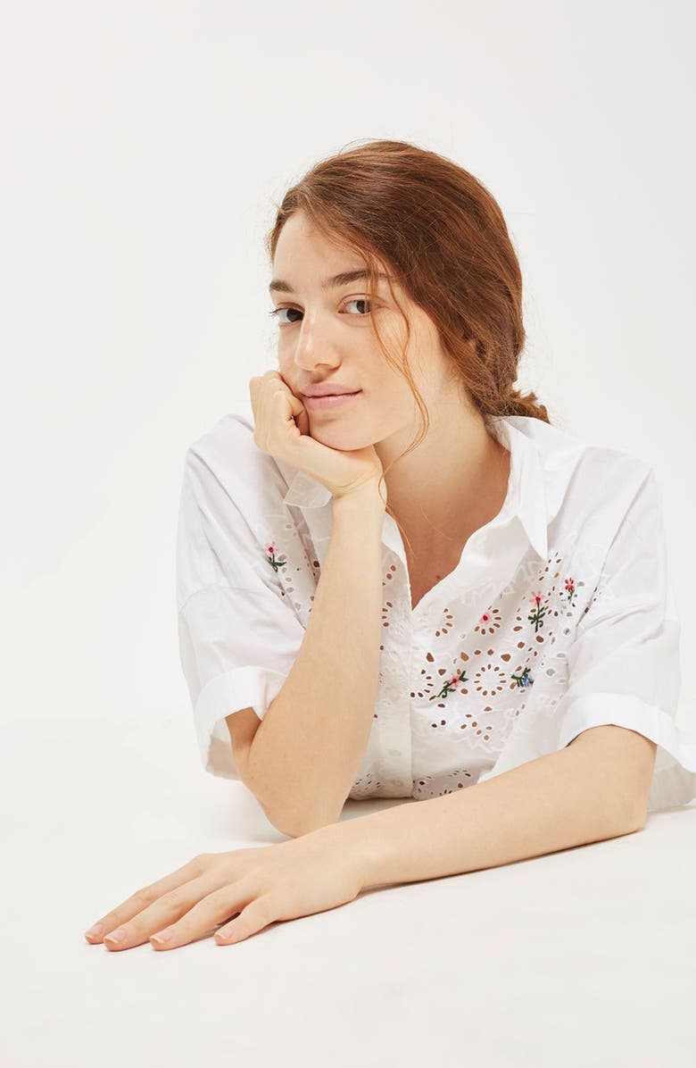 Topshop Kady Embroidered Eyelet Shirt, Alternate, color, 