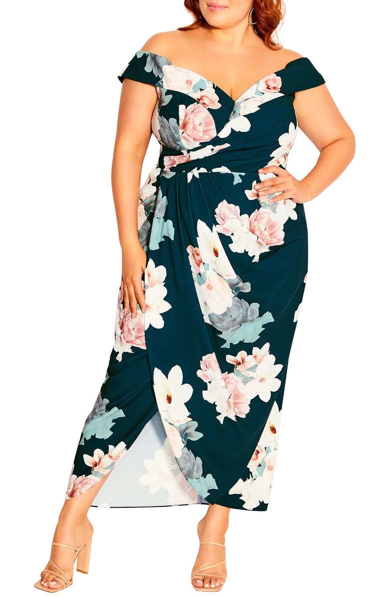 City Chic Emerald Floral Off the Shoulder Maxi Dress, Main, color,
