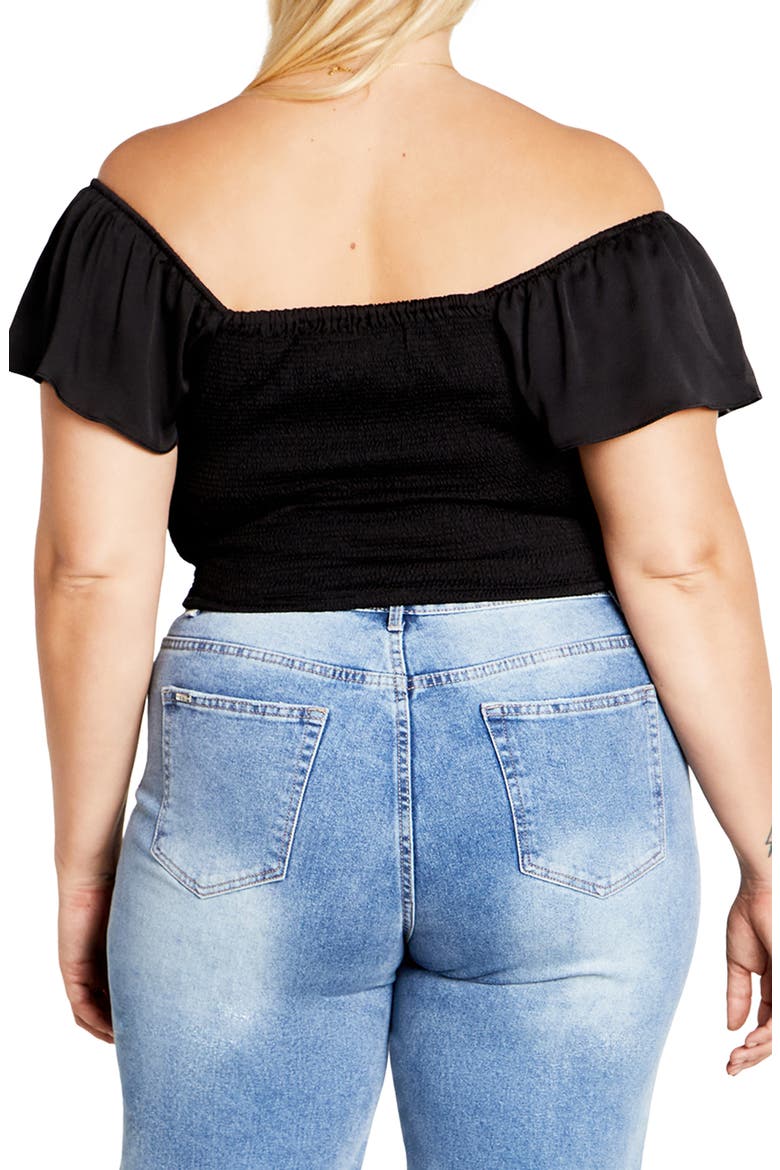 Mae Ruffle Off the Shoulder Crop Top, Alternate, color, BLACK