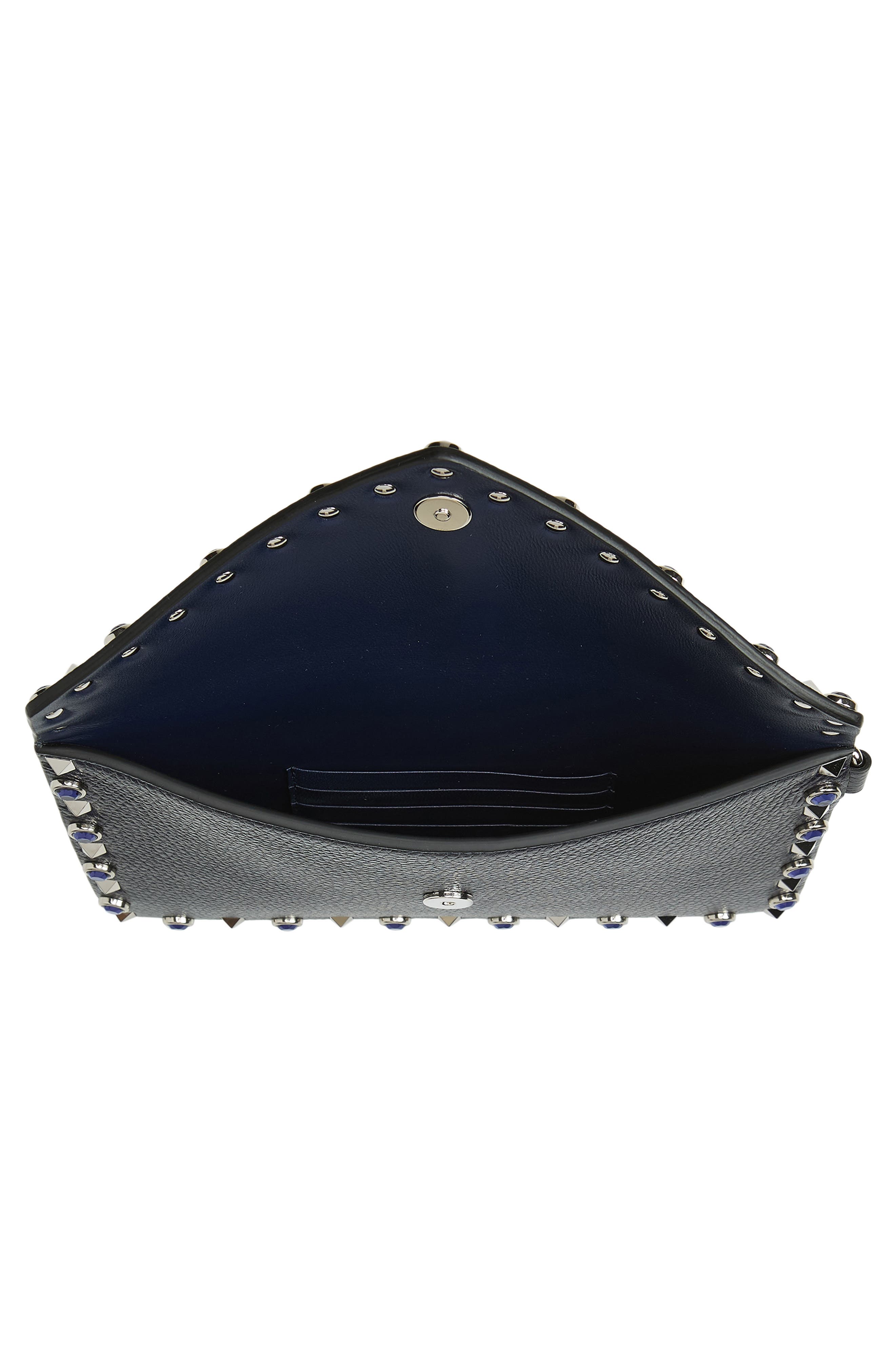 Valentino Garavani Medium Rockstud Flat Leather Wristlet Envelope Pouch, Alternate, color, Navy