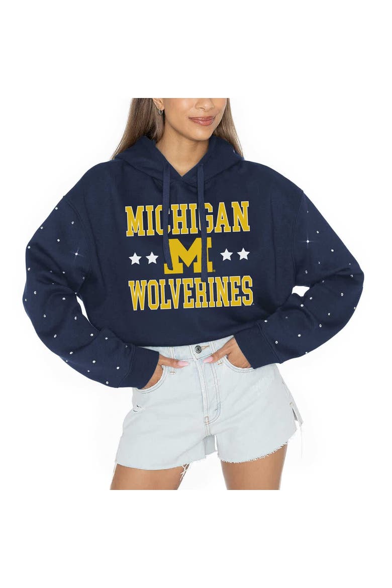 Women's Gameday Couture Navy Michigan Wolverines Can't Lose Rhinestone Cropped Pullover Hoodie, Alternate, color, Navy