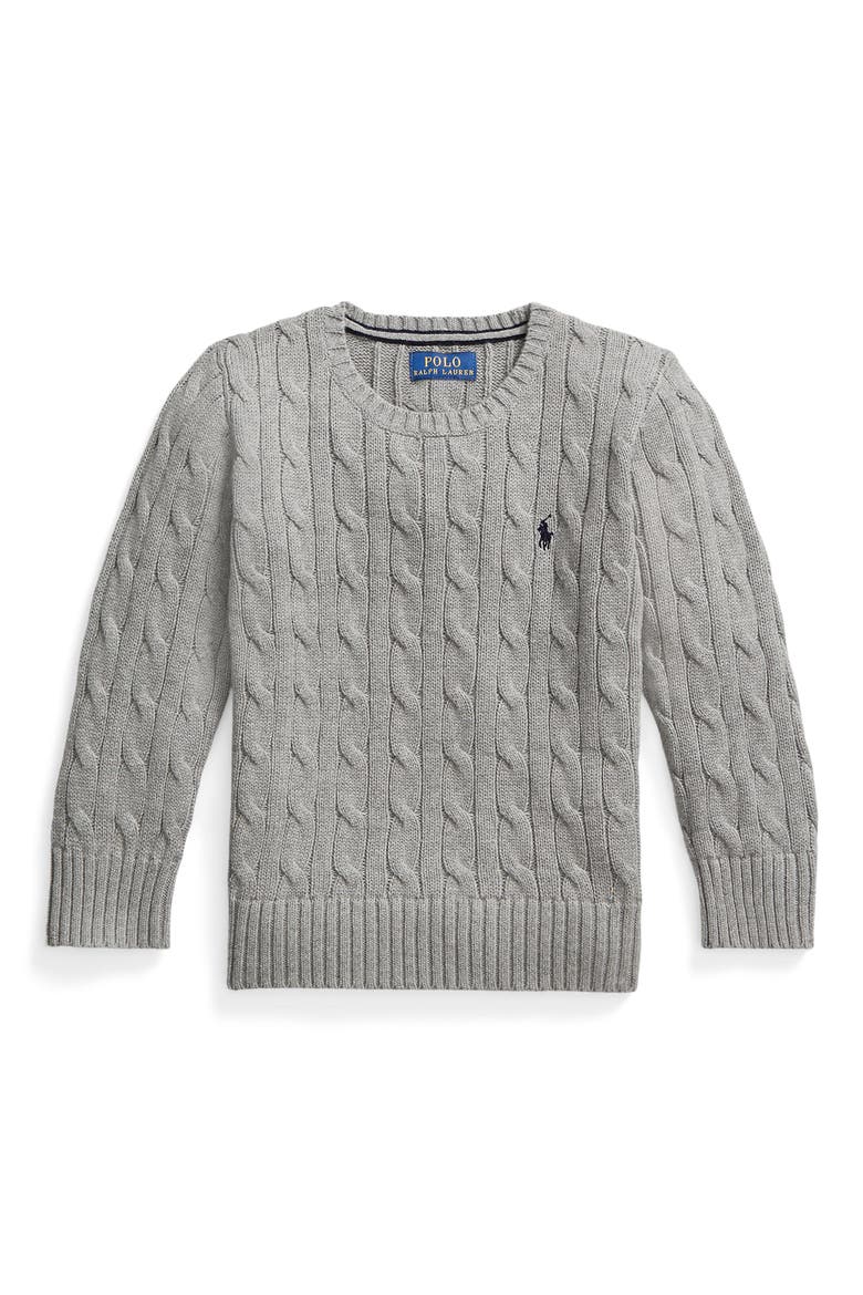 Kids' Cotton Cable Knit Crewneck Sweater, Main, color, ANDOVER HEATHER