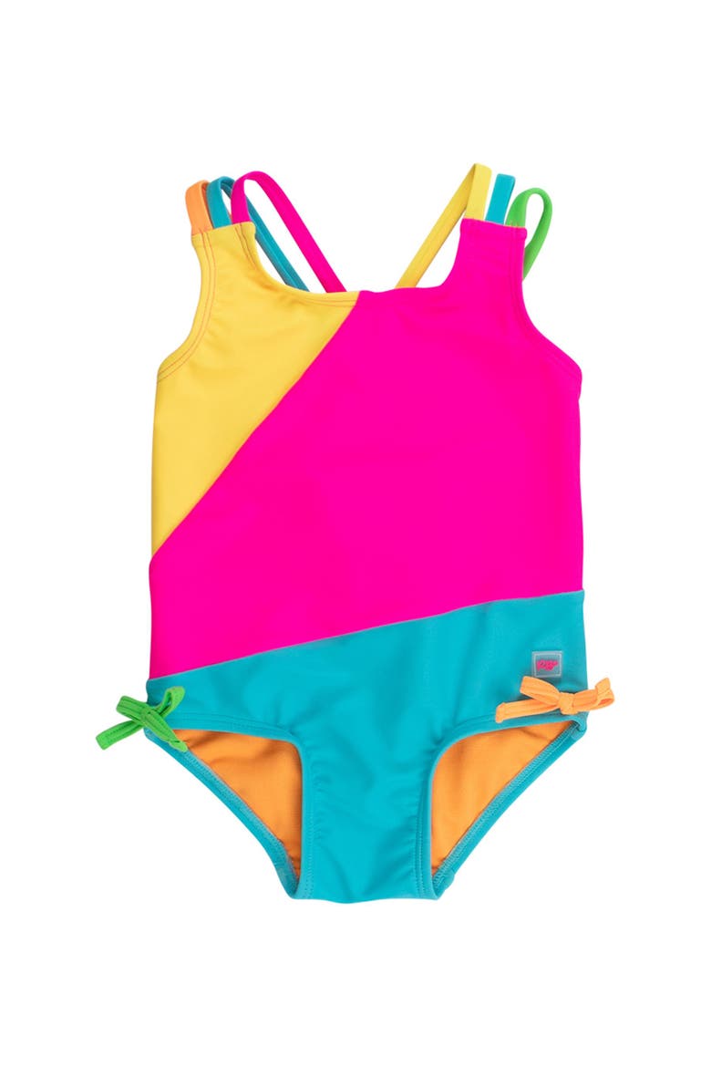 UPF50+ Sun Protected Color Block Cross-Back One Piece Swimsuit, Main, color, Neon Color Block