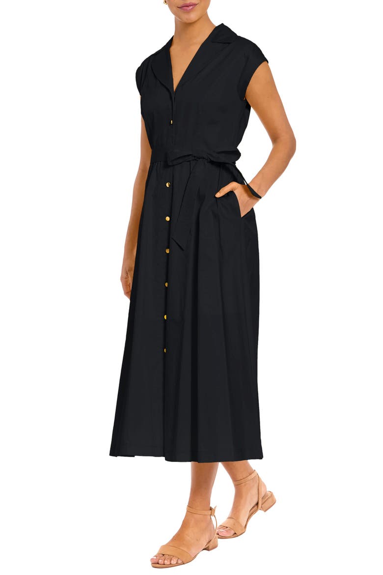 Tie Waist Cap Sleeve Shirtdress, Alternate, color, BLACK
