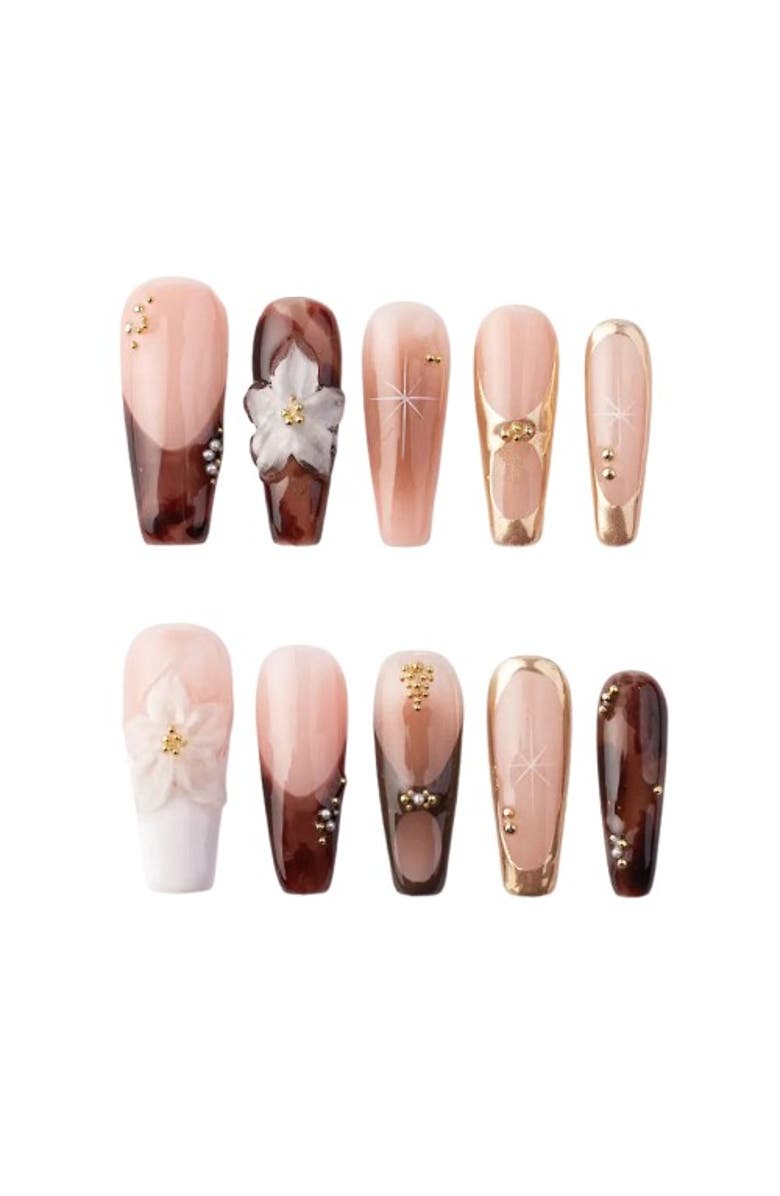 The Only Nails Brown Blossom - Coffin - Nail Set, Main, color, Brown, Nude, Gold
