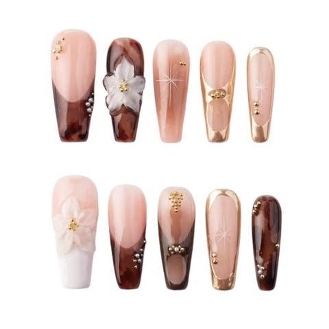 Brown Blossom - Coffin - Nail Set