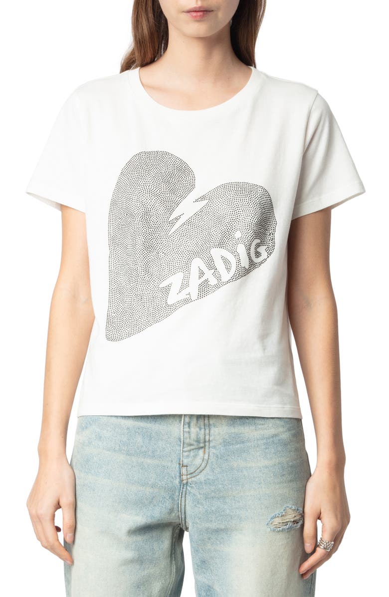 Zadig & Voltaire Alys Big Heart Strass Crystal Embellished Cotton Graphic T-Shirt, Main, color, 