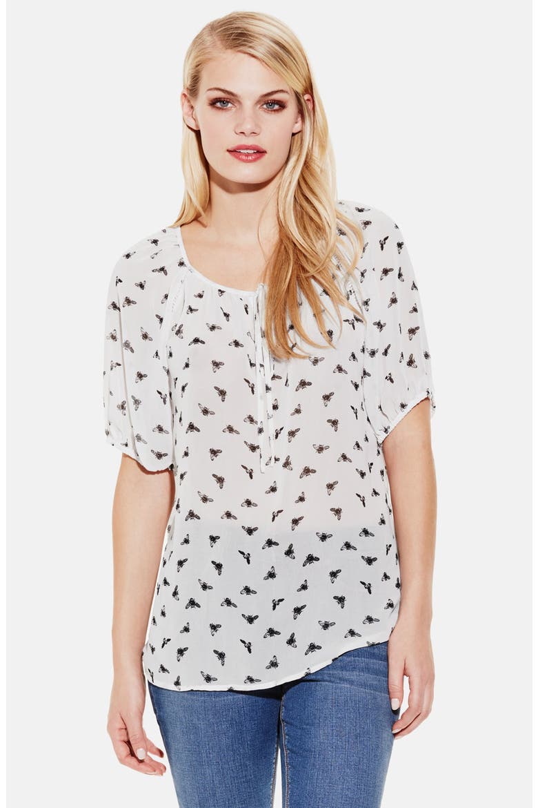 'Busy Bee' Tie Front Peasant Top, Main, color, CHALK