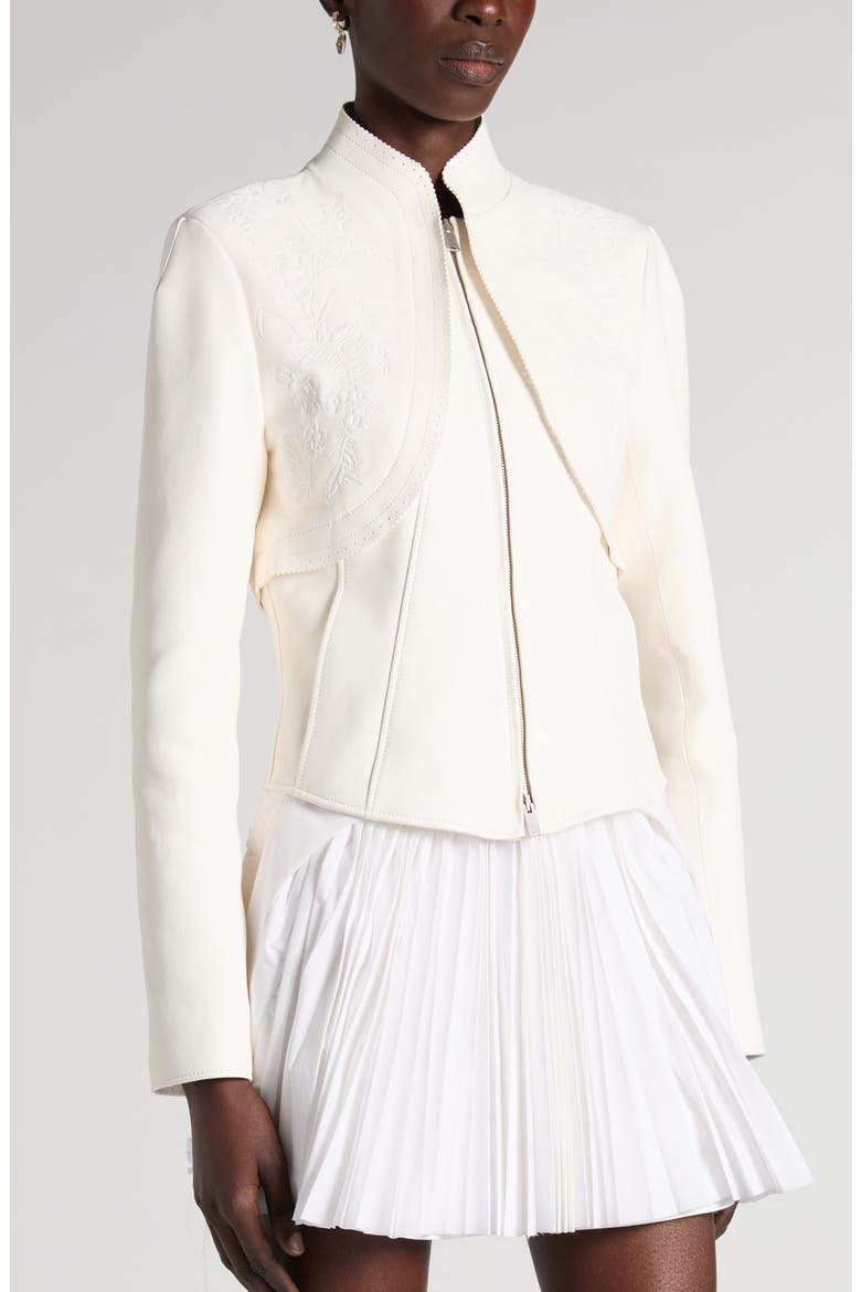 Embroidered Leather Jacket, Alternate, color, CREAM