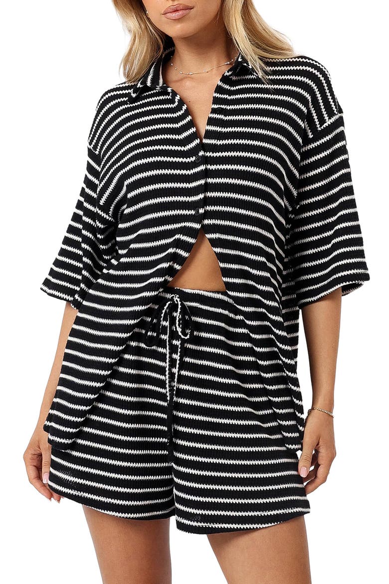 Linnea Stripe Cotton Knit Button-Up Shirt & Shorts Set, Main, color, BLACK WHITE