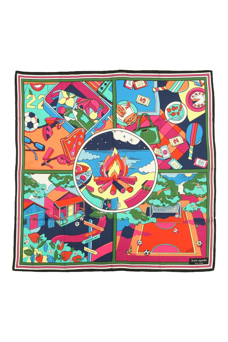 summer scene silk square scarf, Main, color, MULTI