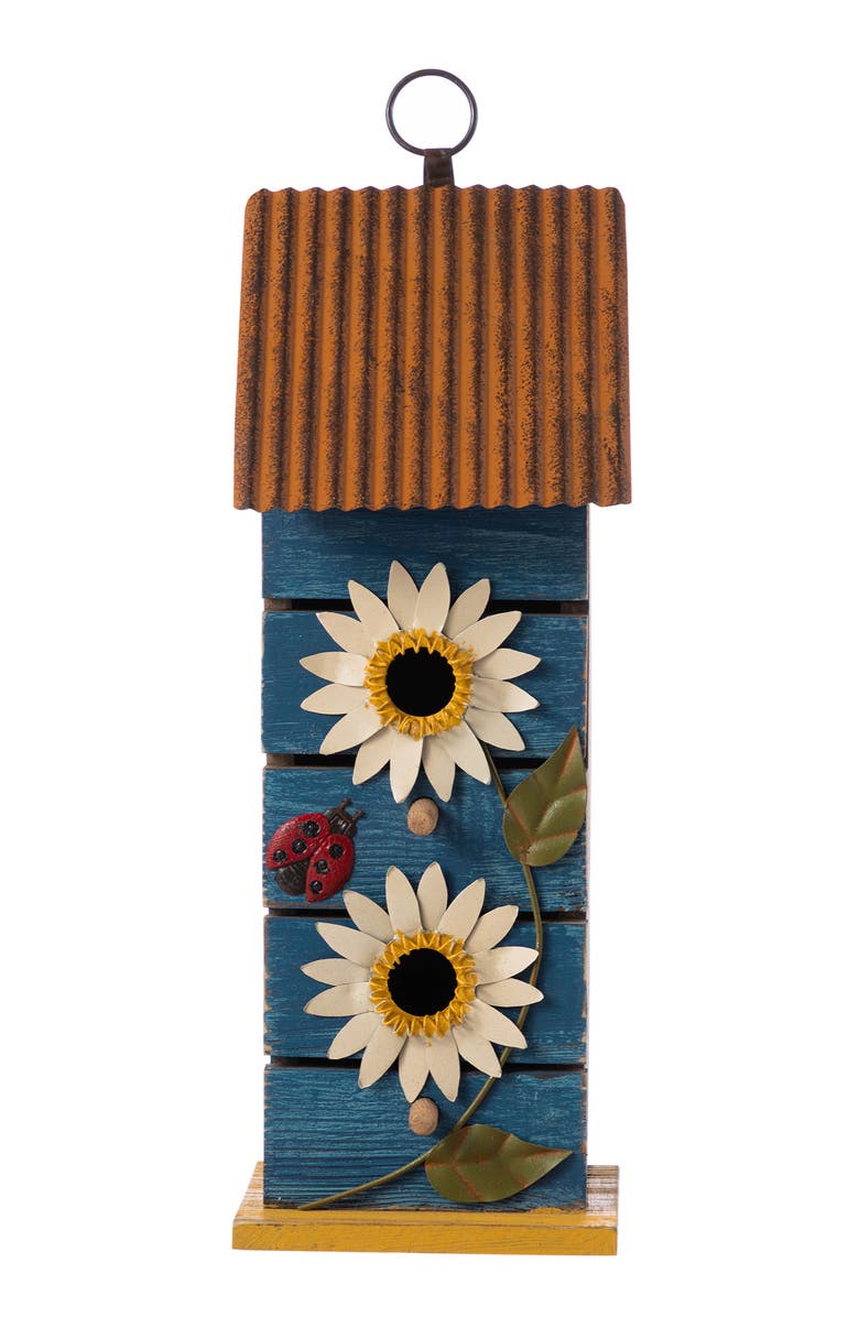 Glitzhome 15"H Solid Wood and Metal Daisy Decorative Outdoor Garden Birdhouse, Alternate, color, Blue