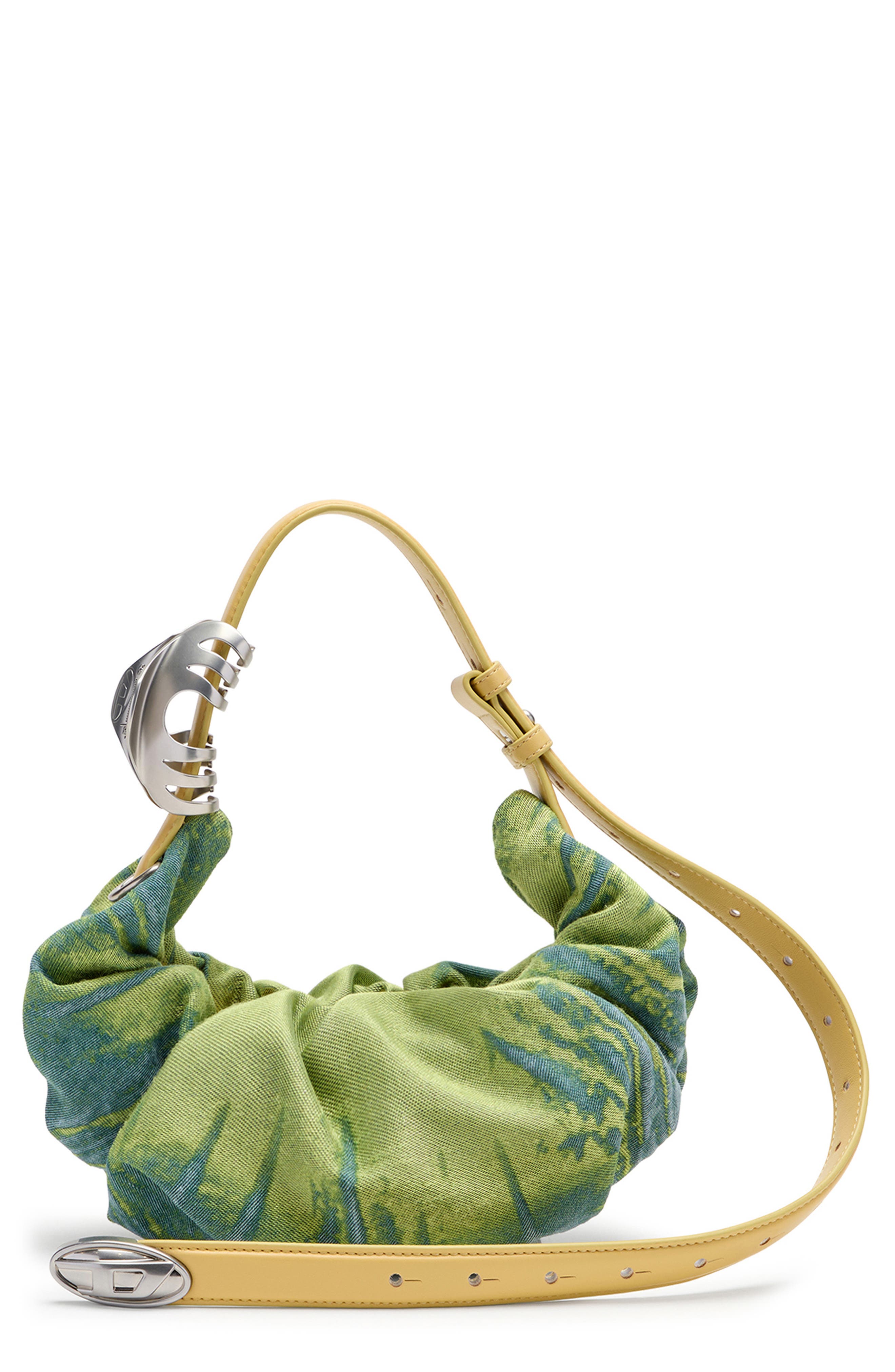 DIESEL<sup>®</sup> Small Grab-D Satin Denim Scrunched Hobo Bag, Main, color, Green