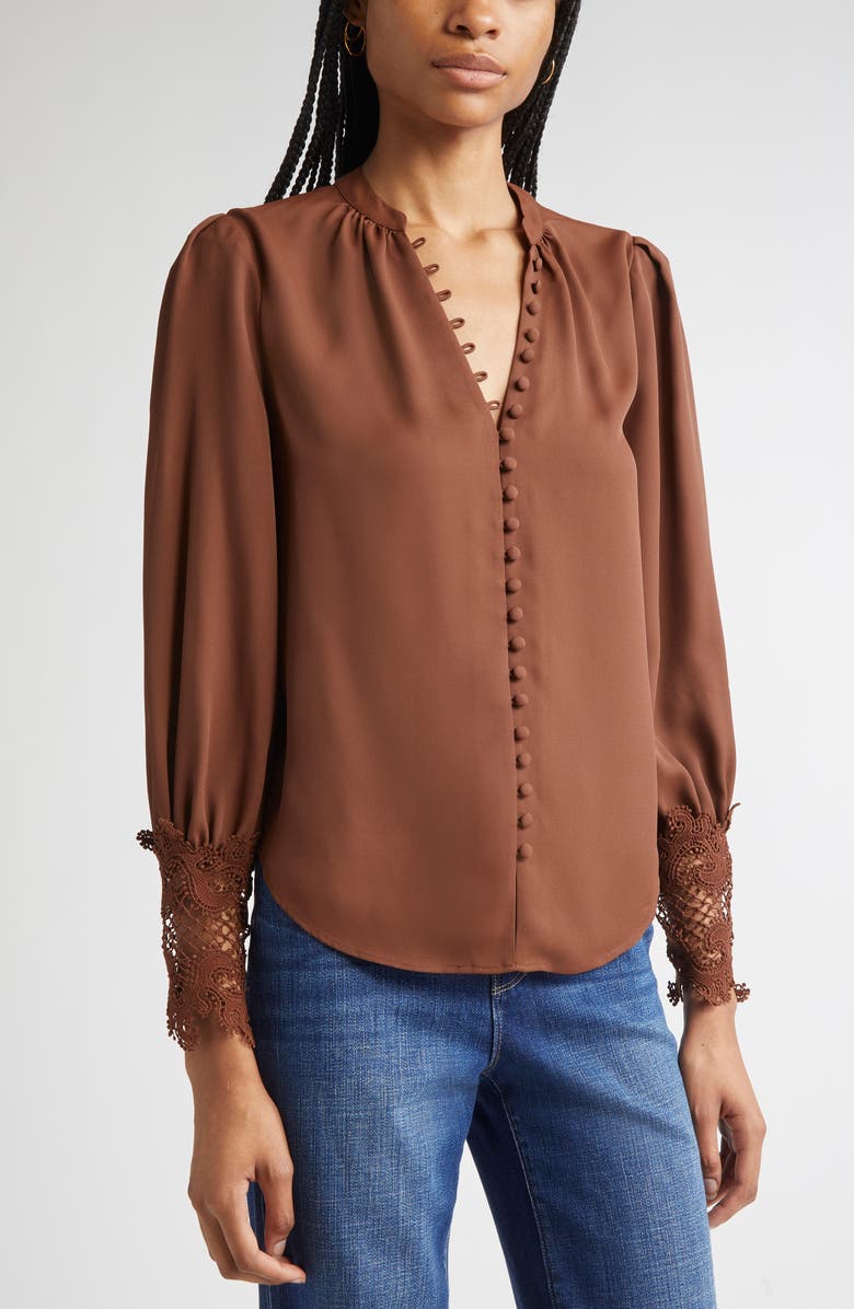 L'AGENCE Ava Lace Cuff Button-Up Blouse, Alternate, color, Hot Fudge