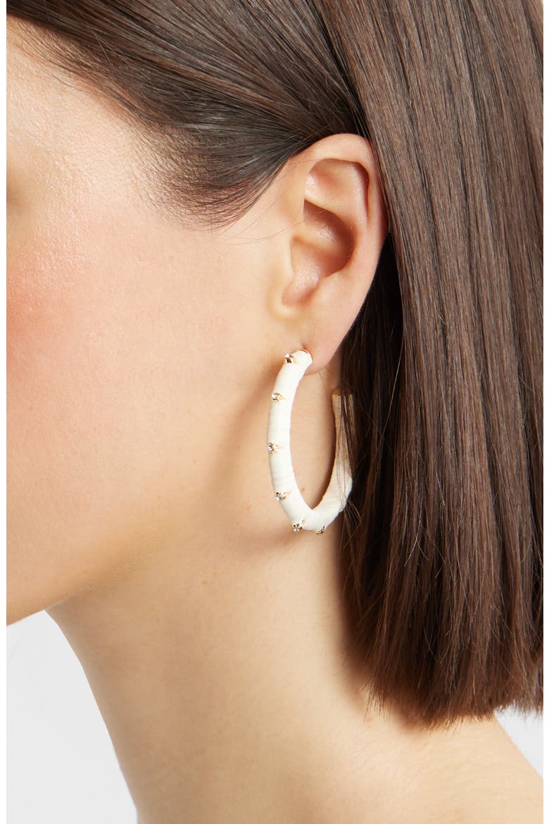 Crystal Accent Raffia Wrapped Hoop Earrings, Alternate, color, IVORY- CLEAR- GOLD