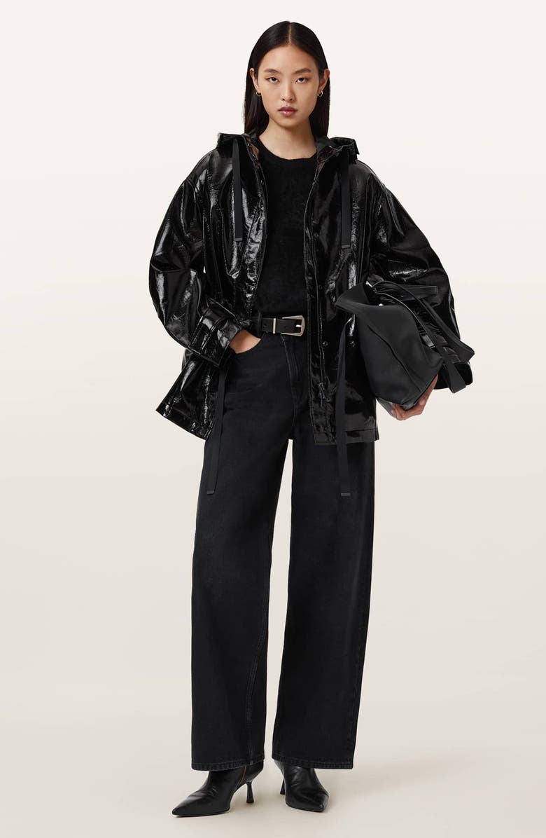AllSaints Kelsie Shine Hooded Faux Leather Jacket, Alternate, color, Black