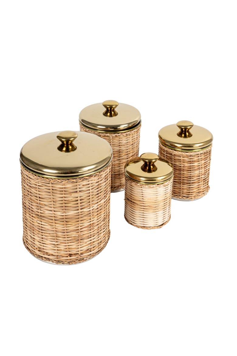 Rattan Wrapped Stainless Steel Canisters, Set of 4, Brass Finish, Main, color, Natural