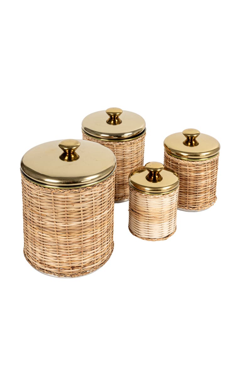 Storied Home Rattan Wrapped Stainless Steel Canisters, Set of 4, Brass Finish, Main, color, Natural