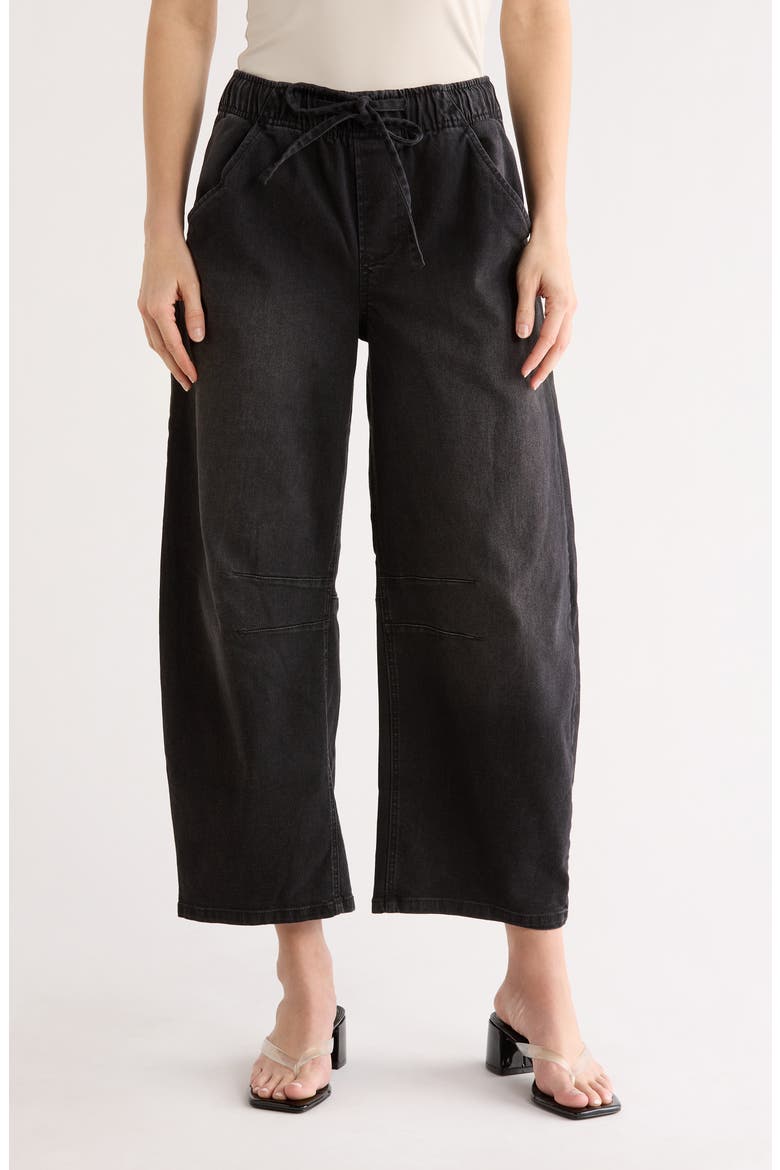Drawstring Waist Crop Barrel Leg Jeans, Main, color, WASHED BLACK
