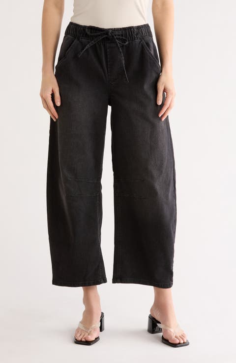 Drawstring Waist Crop Barrel Leg Jeans