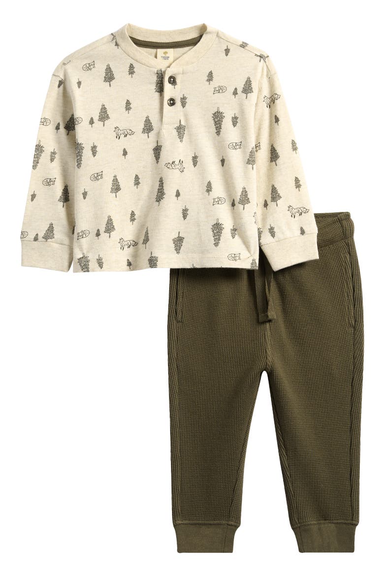 Kids' Print Cotton Henley & Waffle Joggers Set, Main, color, BEIGE EVERGREEN WOODS- OLIVE