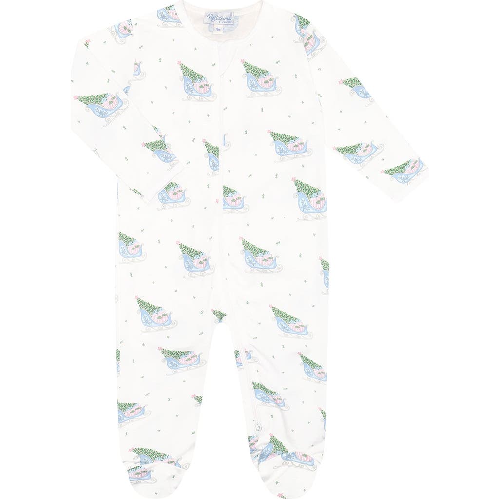 Nellapima Kids' Pima Cotton Christmas Merry Sleighs Zipper Footie In White