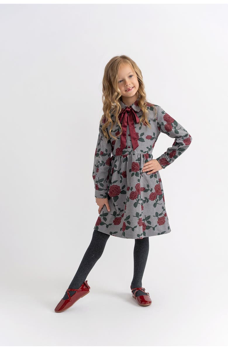 Charlotte & George Printed Woven Dress with Neck Ribbon, Alternate, color, Grey