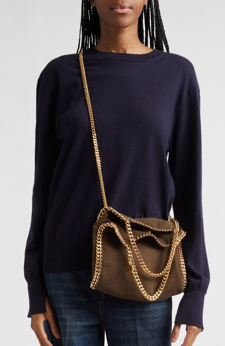Stella McCartney Mini Falabella Faux Suede Crossbody Bag, Alternate, color, Moka