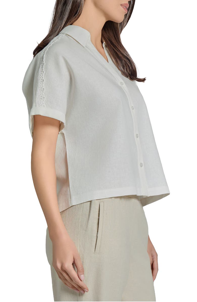 Jones New York Lace Appliqué Linen Blend Short Sleeve Button-Up Shirt, Alternate, color,