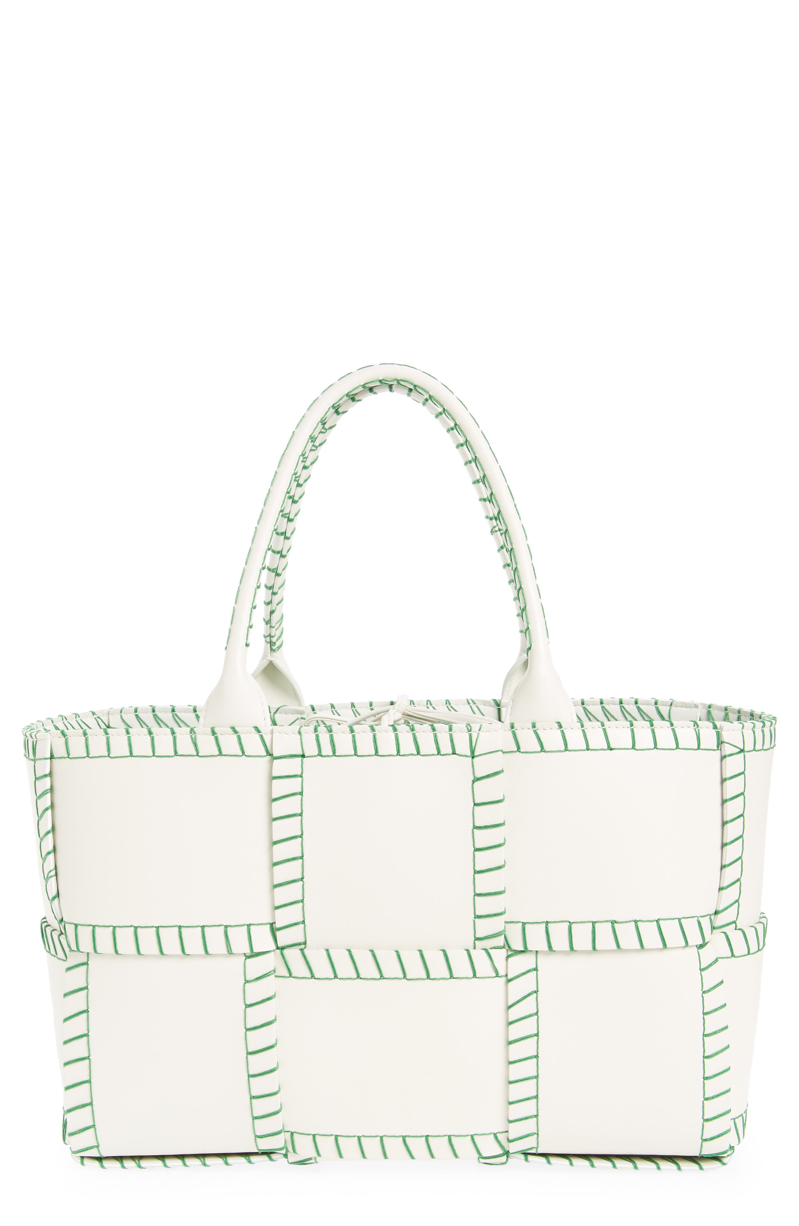 Small Intrecciato Topstitch Leather Tote, Main, color, WHITE PARAKEET